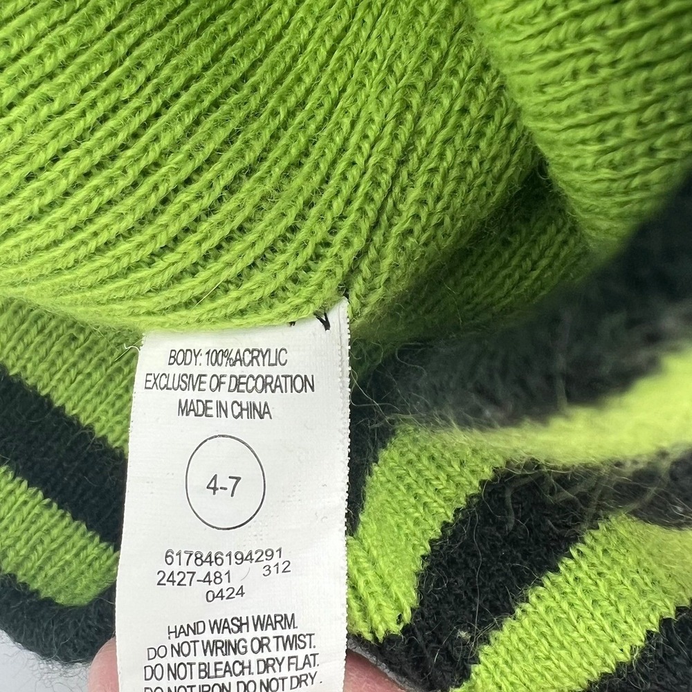 Nike Beanie Kids 4-7 Black Neon Green Very Good Striped Swoosh Knit Hat - Picture 4 of 6